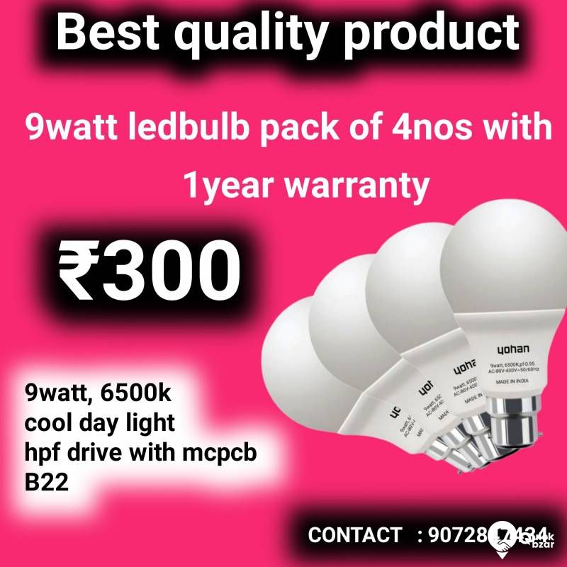 9 WATT LED BULB  PACK OF 4 NOS  ₹:300   1YEAR WARRANTY PRODUCT