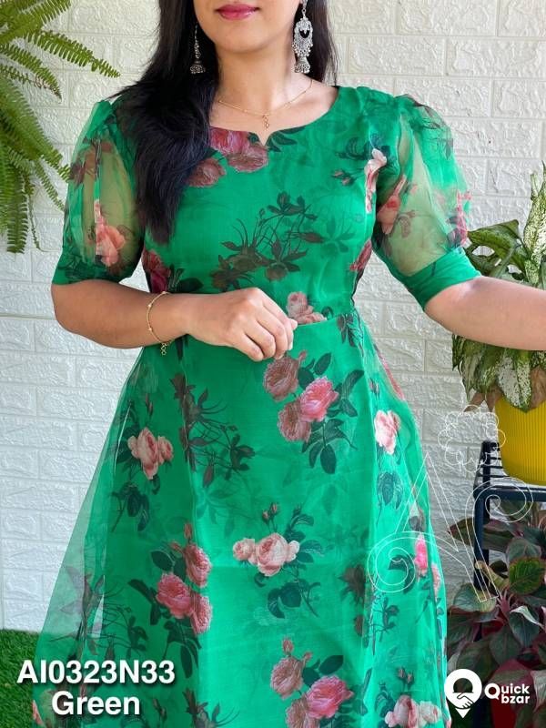 FLORAL PRINTED ORGANZA PUFF SLEEVE DRESS