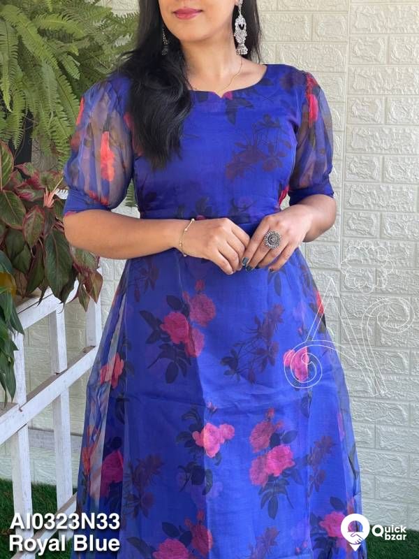 FLORAL PRINTED ORGANZA PUFF SLEEVE DRESS