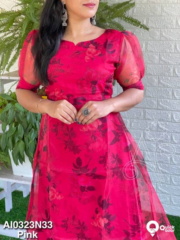 FLORAL PRINTED ORGANZA PUFF SLEEVE DRESS