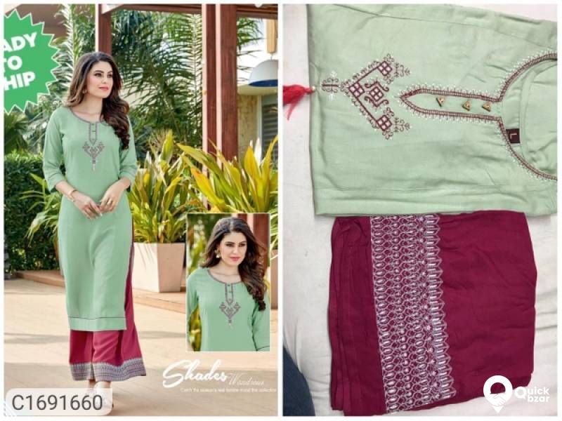 Delightful Embroidered Rayon Kurti Palazzo Set