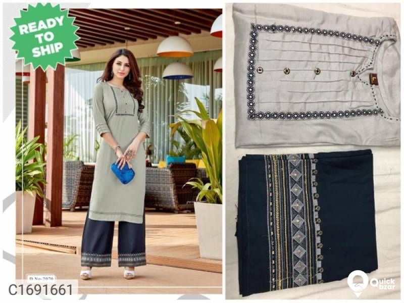 Delightful Embroidered Rayon Kurti Palazzo Set