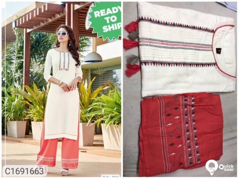 Delightful Embroidered Rayon Kurti Palazzo Set