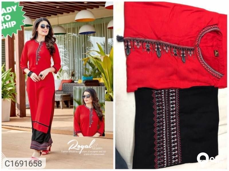 Delightful Embroidered Rayon Kurti Palazzo Set